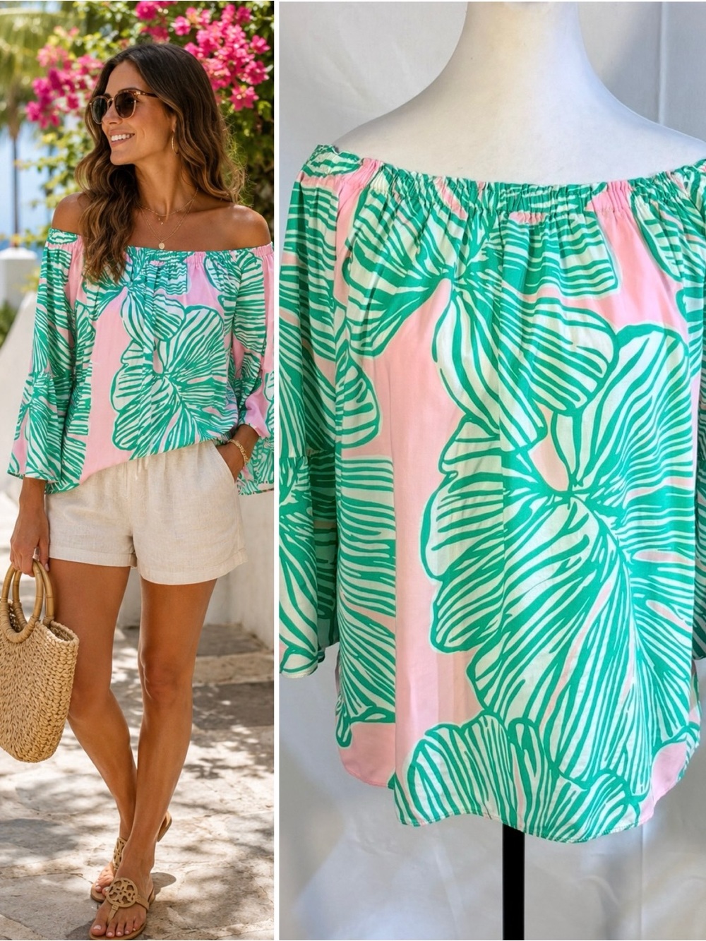 Lilly Pulitzer Nevie Off-the-Shoulder Leaf Print Top Pink Green Sz S🌟